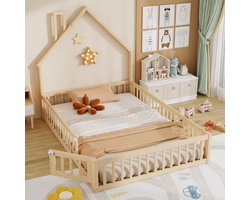 REDOM Luxe Montessori Huisbed (140x200 Twijfelaar) - Vloerbed met Schoorsteen & Uitvalbeveiliging - Massief Hout - Naturel