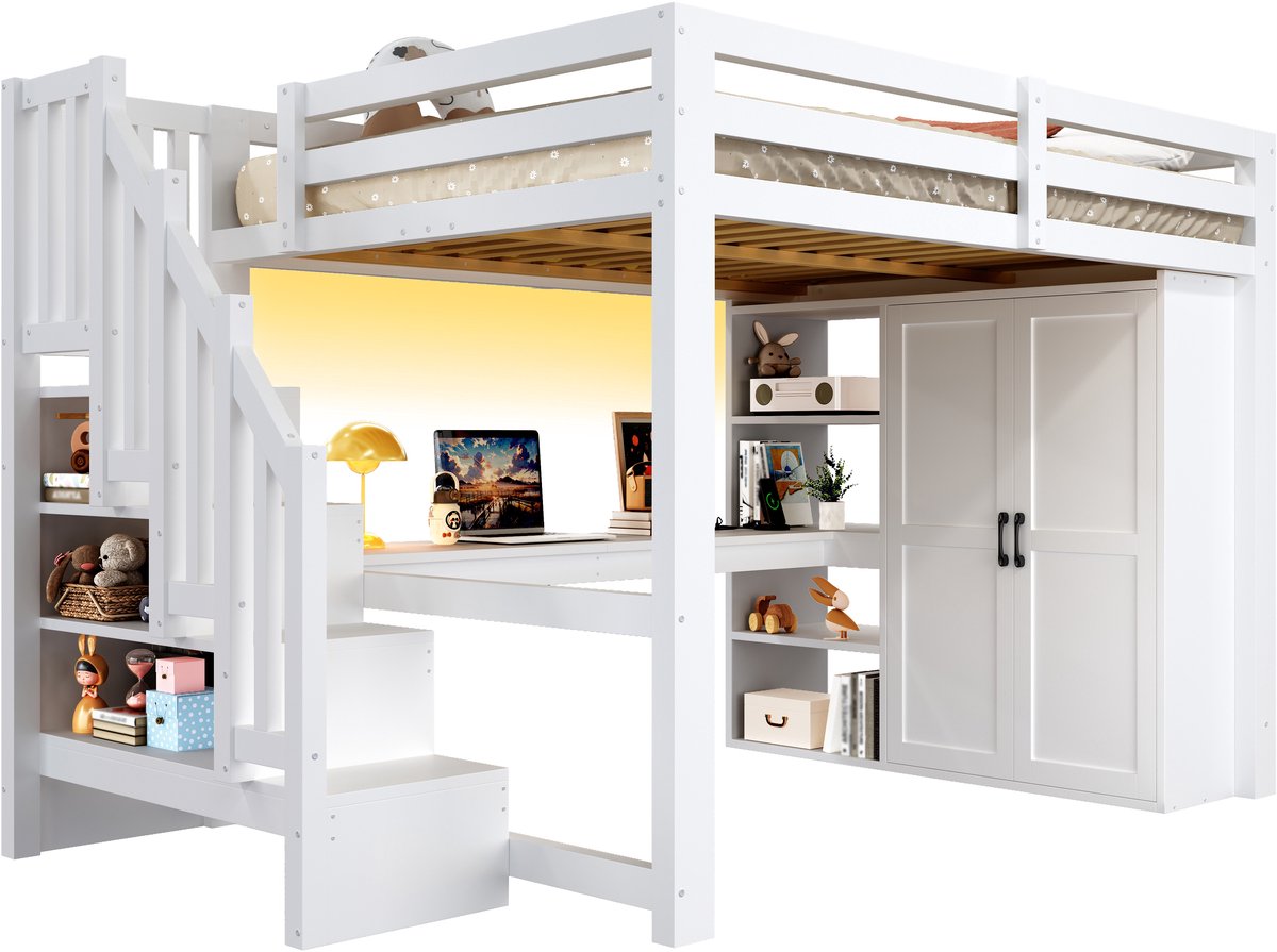 REDOM Hoogslaper – 140x200 cm – Met Bureau, Planken & Kledingkast – Opbergtrap – LED & USB – MDF & Grenenhout – Wit