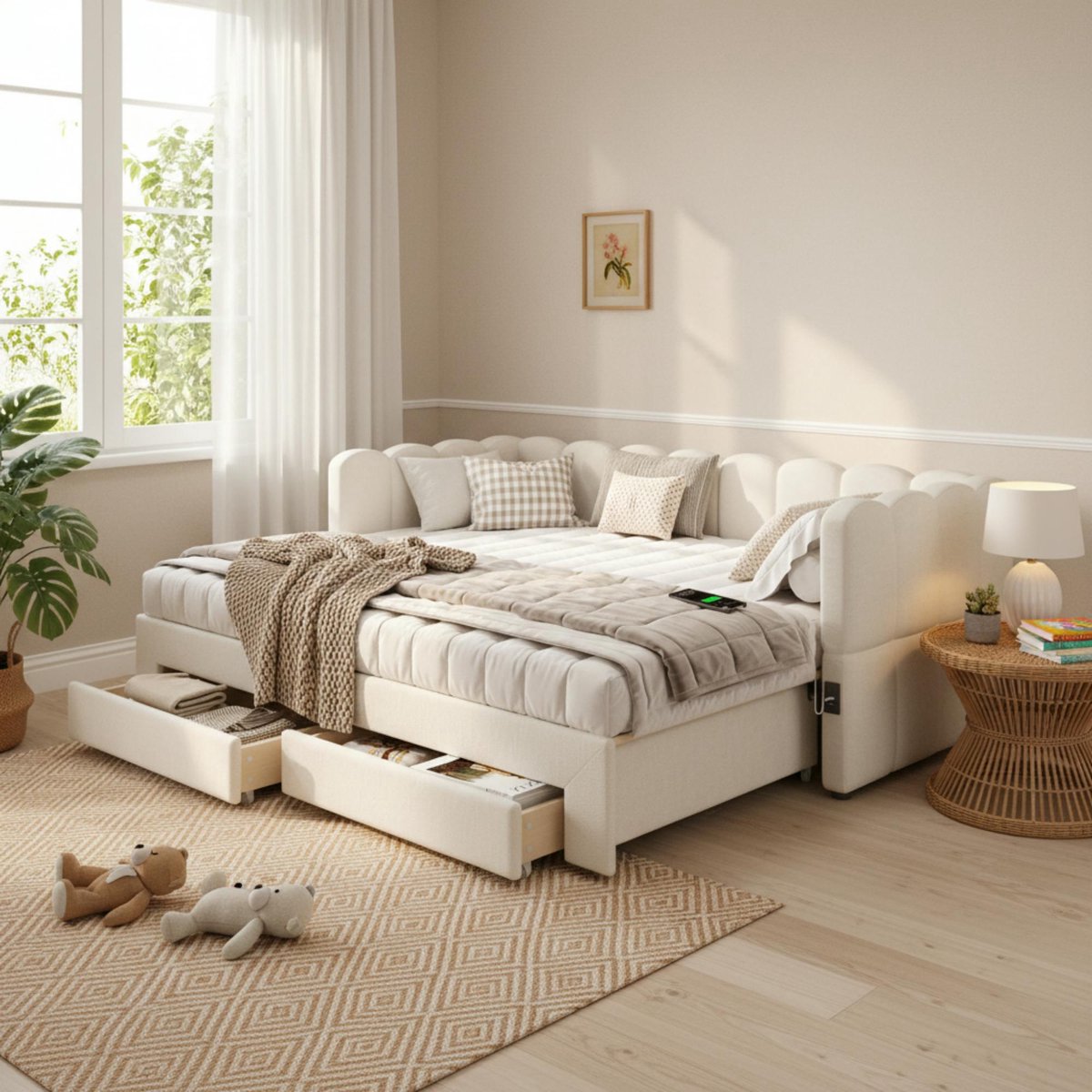 REDOM slaapbankbed 90/180x190 cm – Linnen beige – Uitschuifbaar, 2 lades, USB/Type-C – 150 kg