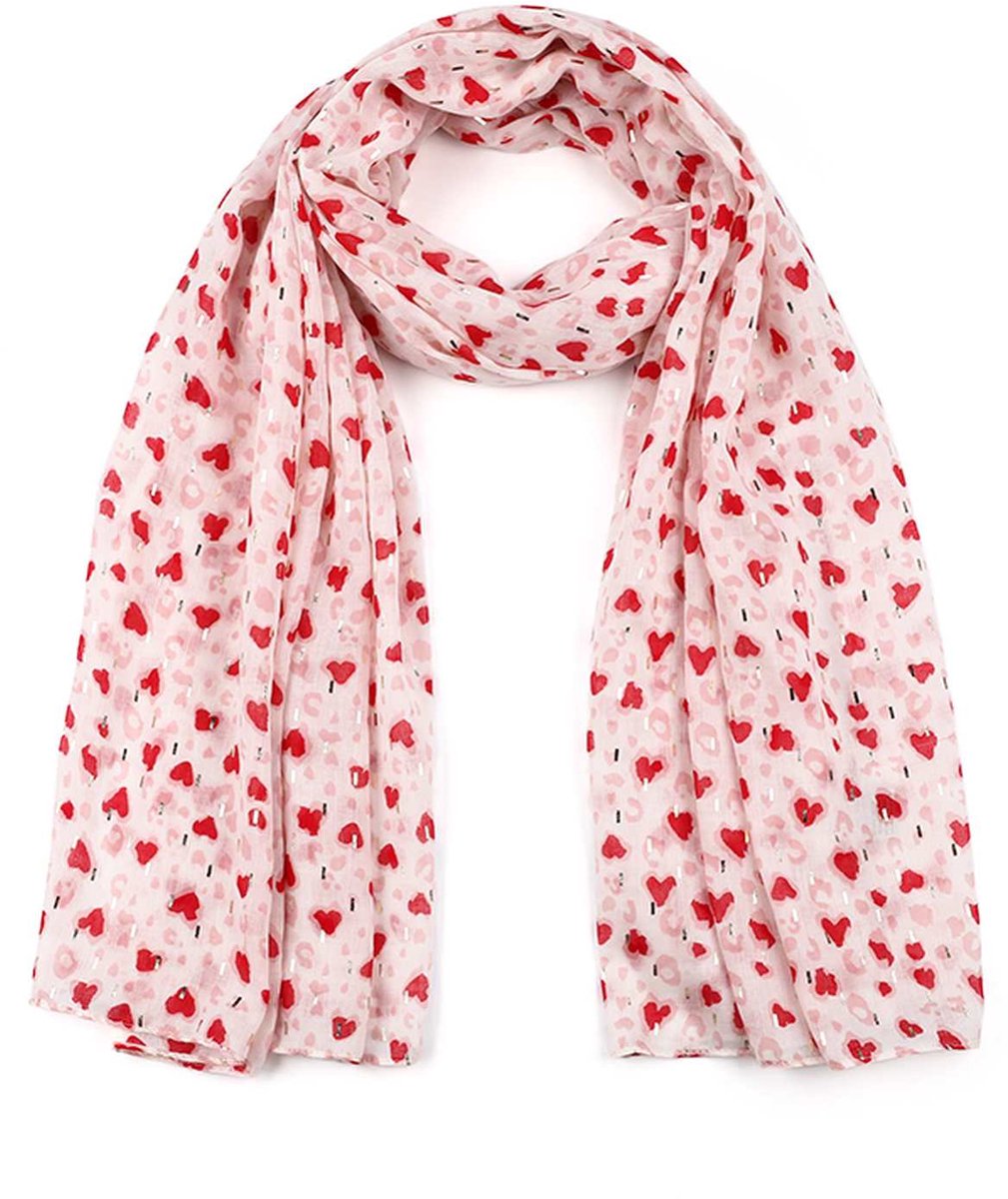 Sjaal Katoen & Viscose - Trendy sjaaltje Hartjes - Dames - Hartjesprint - Rood/Wit/Goud