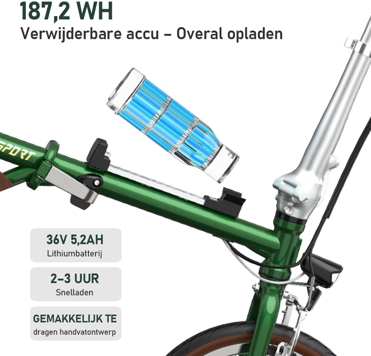 ONESPORT Elektrische Fiets – Lichtgewicht Opvouwbare E-Bike voor Stad & Pendelen – 36V 5.2Ah Accu – 40 km Bereik – 16×1.35 Inch Banden – Snel Opladen 2,5u – Groen – foto 3
