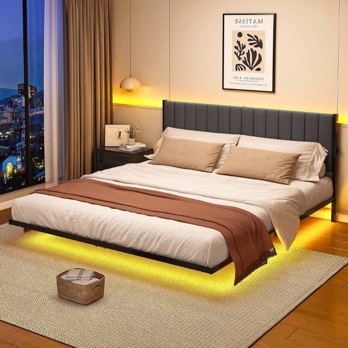 BOG Modern Zwevend Metalen Bedframe 140 X 200 Cm - LED Verlichting - Oplaadstation - Hoofdbord - Robuust En Stabiel Donkergrijs