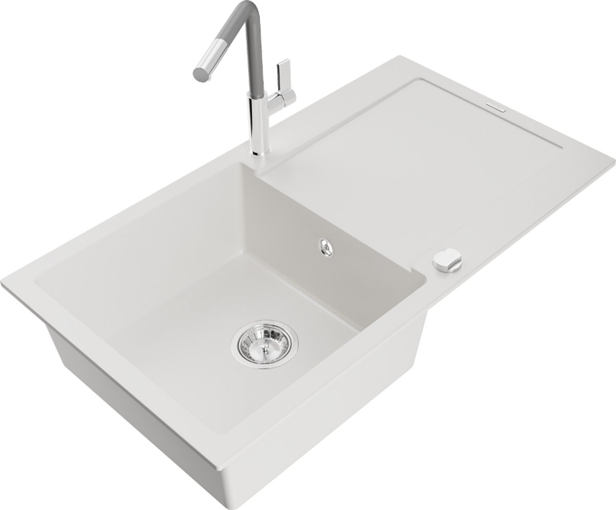 Mexen Leo granieten spoelbak 1-komoers met afdruiprek en keukenmengkraan Flora, wit - 6501-20-670401-06