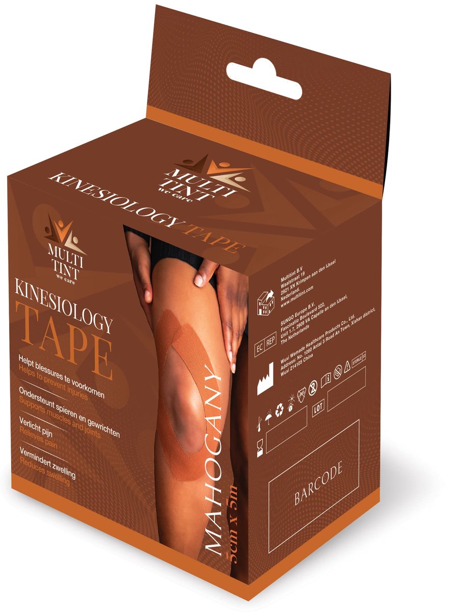 MultiTint Kinesiology Tape Mahogany - 1 rol - 5cm x 5m - Mahogany huidskleur - Latexvrij - Elastisch en Flexibel - Comfortabel en ondersteunend - Ademend