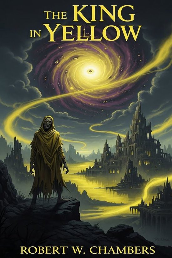 Couverture du livre 'The King in Yellow' avec une figure voilée dans une cape jaune devant une ville jaune.