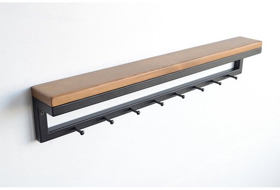 Wandkapstok met licht houten plank, zwart metalen frame en 8 haken.