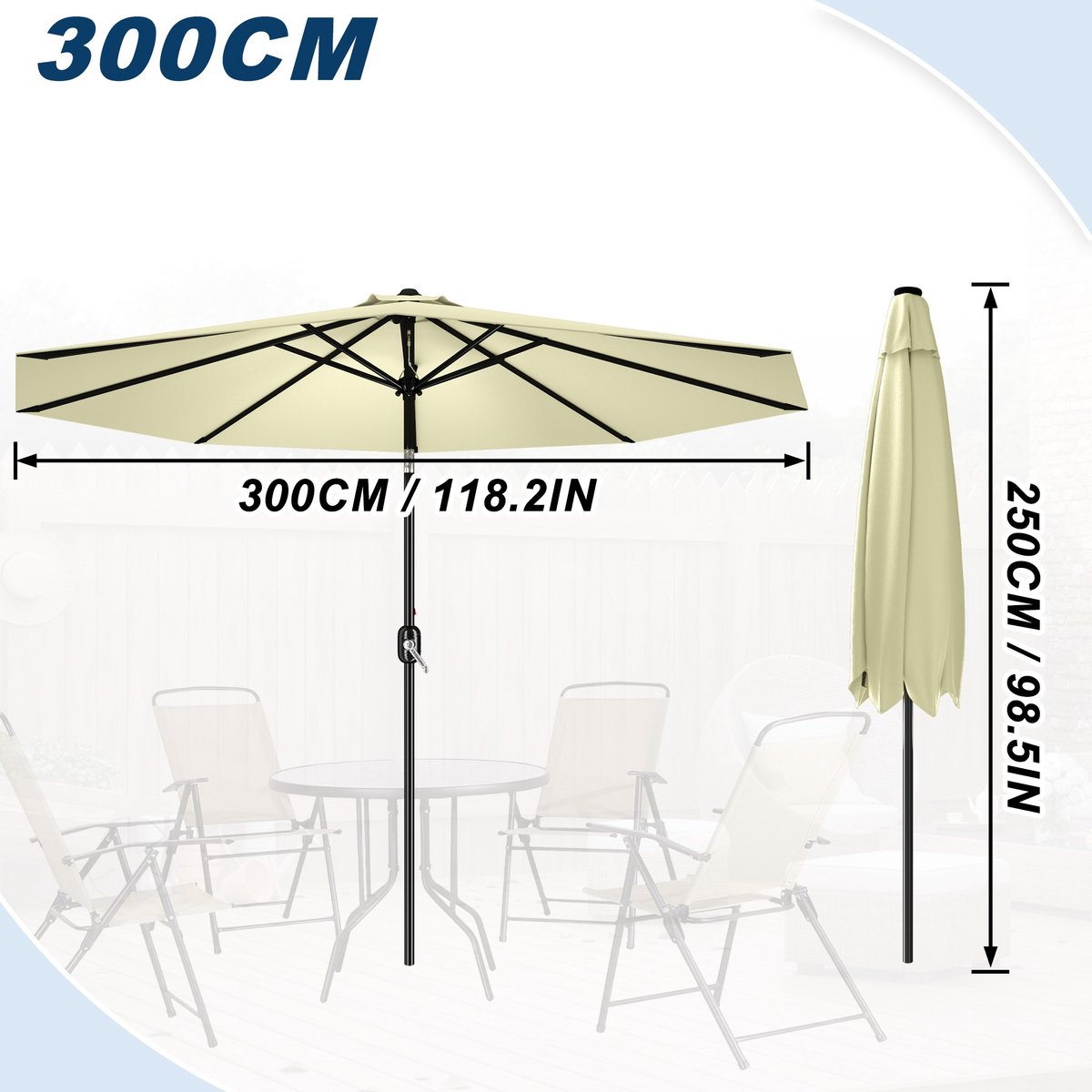 Aufun vrijstaande parasol – Ø300 cm – met zwengel – UV-bescherming – stuurbare – beige – voor terras, balkon en strand – foto 2