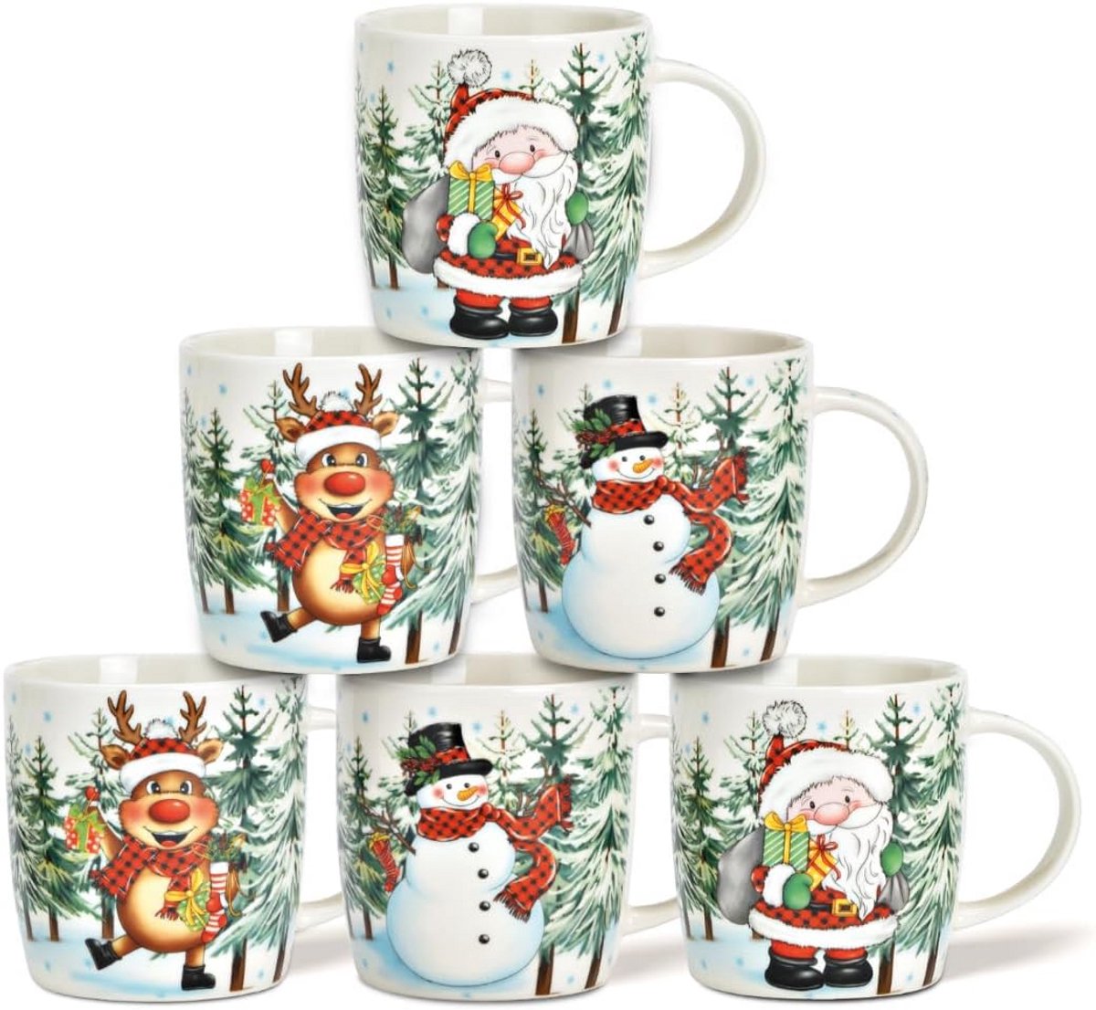 Kerstmokken Set van 6 Porseleinen Mokken met Grappige Kinderontwerpen - Geschikt voor Kinderen en Volwassenen, Vaatwasmachine- en Magnetronschoon