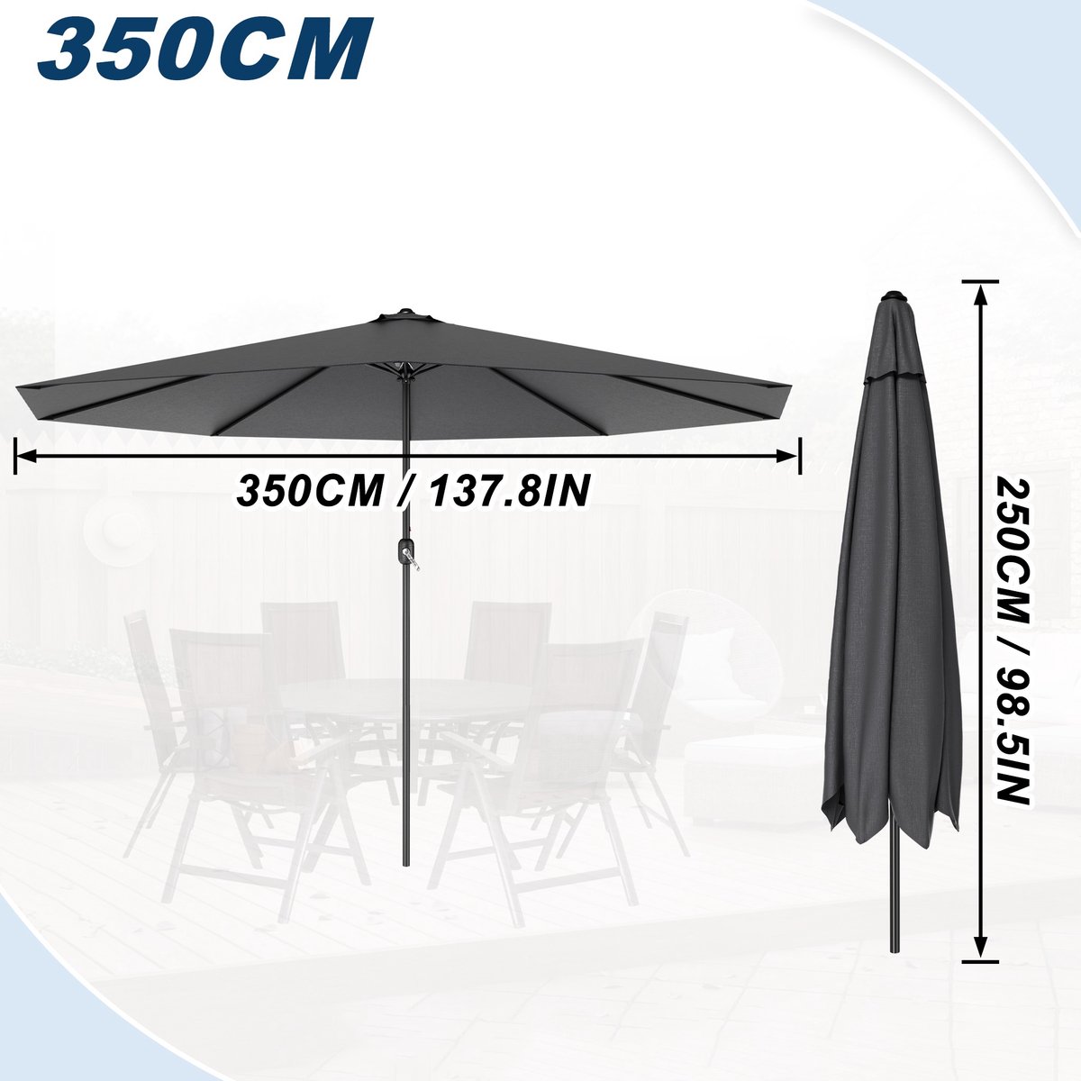Aufun Zwevende Parasol Ø350cm met zwengel, UV-bescherming, Niet-Stuurbare tuinparasol voor terras, balkon en strand – Donkergrijs – foto 2