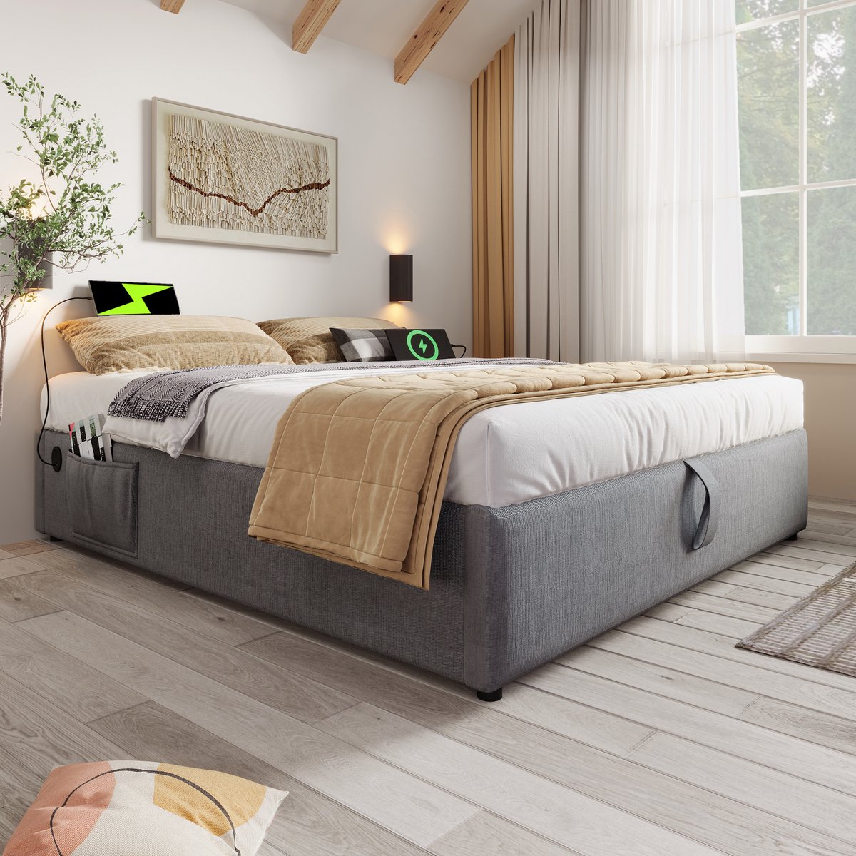 MODFU Bedframe 160x200 cm, katoen-linnen stof in grijs, met opbergruimte en USB/Type-C