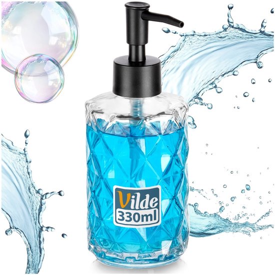 Glazen zeepdispenser, Vilde 330ml, met blauwe zeep en waterplons-effecten.