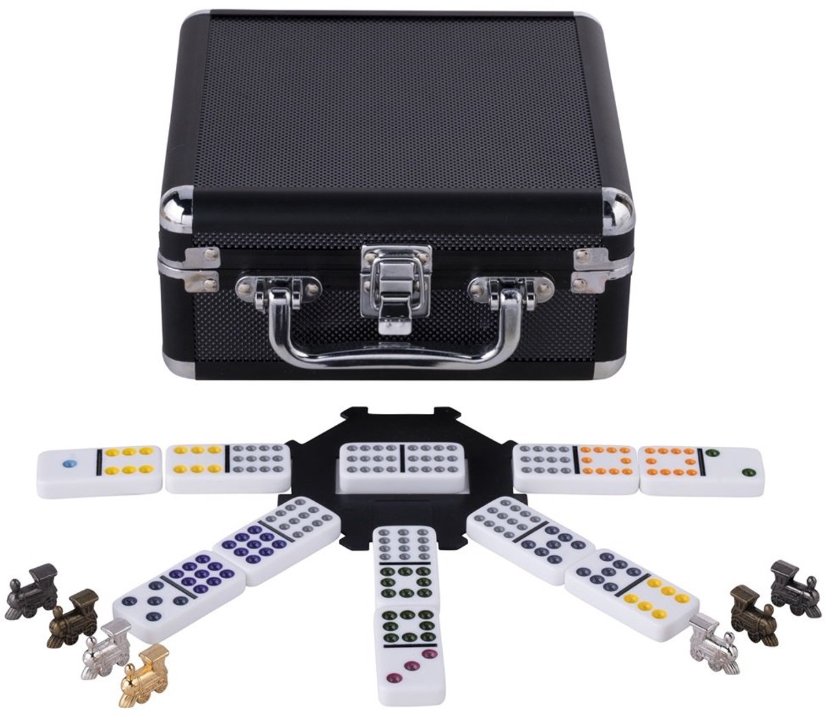 Domino Dubbel 12 Mexican Train – 91 Stenen met Gekleurde Ogen – Luxe Aluminium zwarte Koffer met Handvat – Inclusief Station & metalen Treinen – Strategisch Familiespel – Engelhart — afbeelding 6