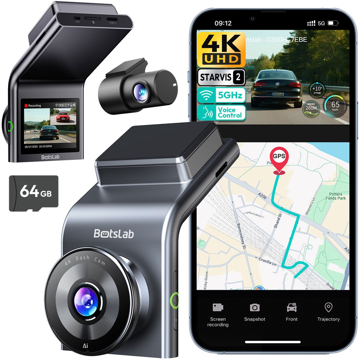 Botslab G300H Plus Dashcam - 4K resolutie + FullHD achtercamera - Night vision met Sony Starvis 2 sensor - App bediening met Wifi - GPS ingebouwd - 2,0 inch LCD - inclusief 64gb Micro SD kaart