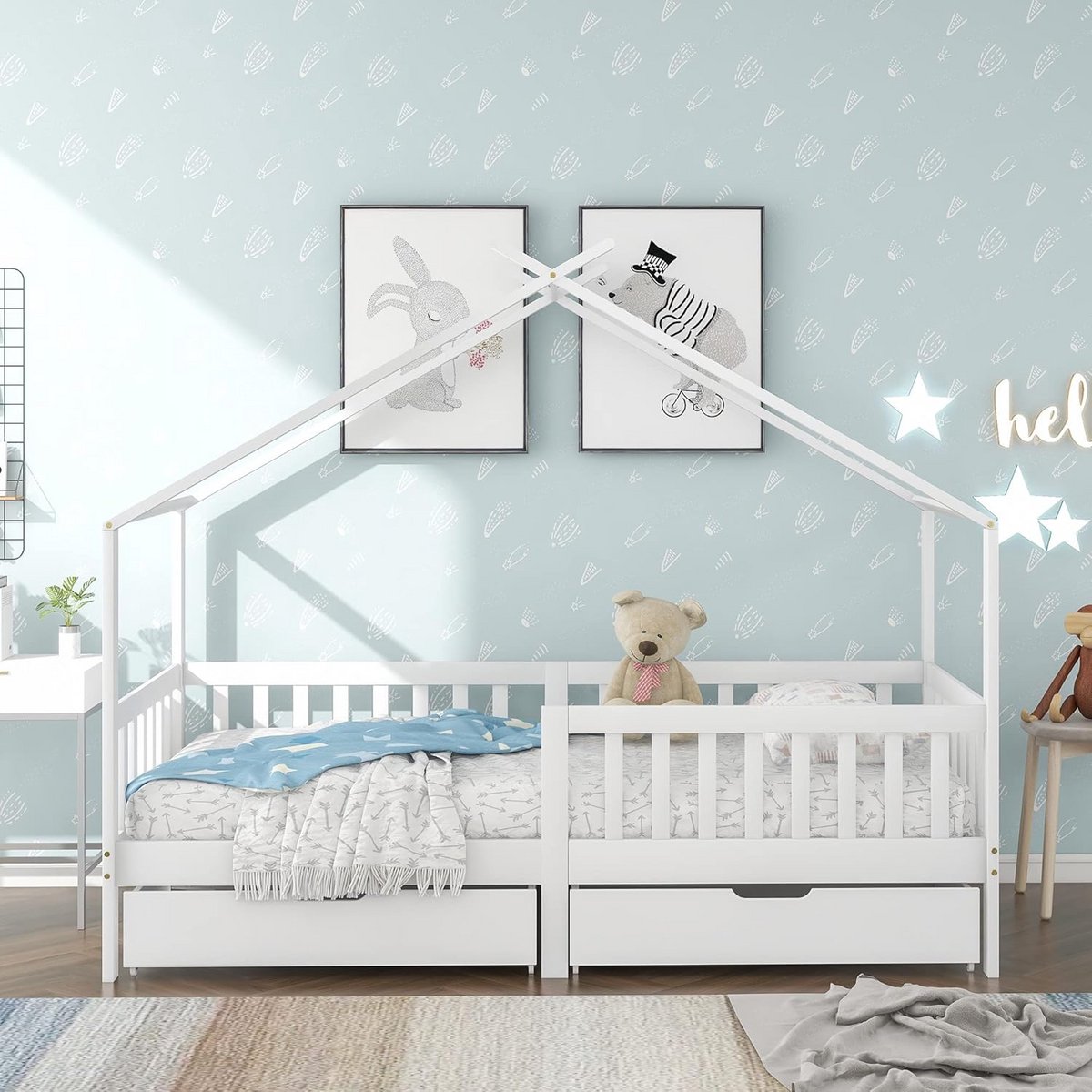 Houten Kinderbed Huisvorm 200x90 cm Wit met Veiligheidshek en Lattenbodem - Inclusief 2 Opberglades