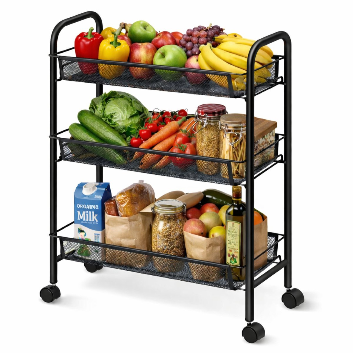 Bol.com BOTC Keukentrolley Op Wieltjes - Metalen Serveerwagen - 3 Etages - Keukentrolley Zwart aanbieding