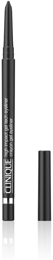 Zwarte Clinique High Impact Gel Tech eyeliner met zilveren accenten. De dop ligt ernaast.