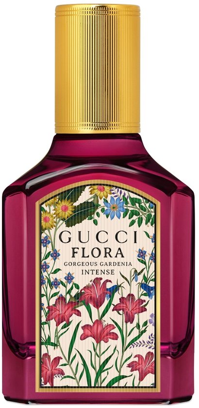 Gucci Flora Gorgeous Gardenia Intense Eau de Parfum dames parfum in een glazen fles met gouden dop. Het label toont bloemen in rood, geel en blauw.