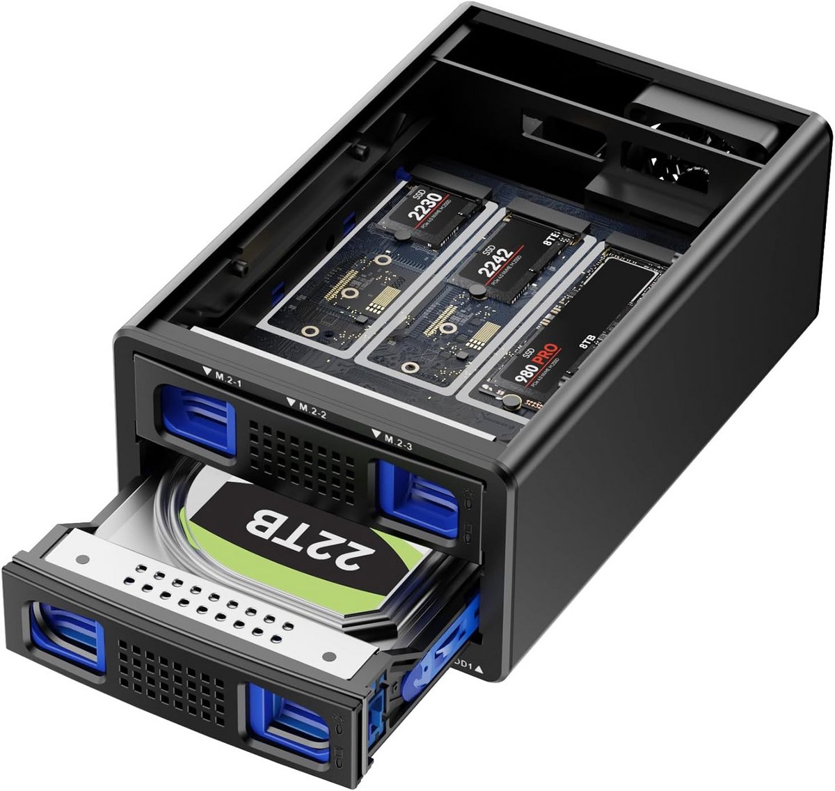 Externe Behuizing voor 3.5" HDD & 3x M.2 NVMe SSD tot 46TB met Ventilator en USB 3.2 Gen 2