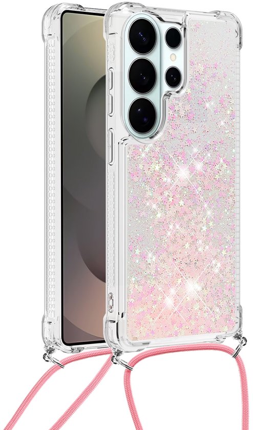 Transparante hoes met roze glitter en sterren, met roze koord aan de onderkant.