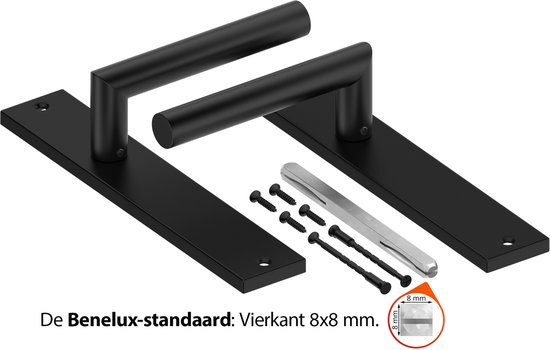 Twee matzwarte deurkrukken met schilden en bevestigingsmateriaal. De Benelux-standaard: vierkant 8x8 mm.