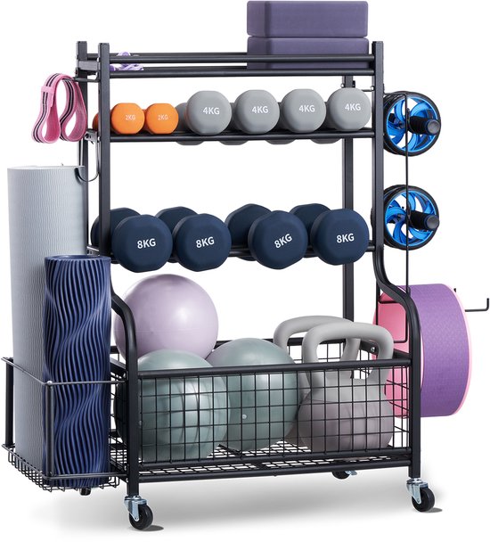 Support Haltères ZACHVO – 160kg – 4 Roues (2 Verrouillables) – 3 Étagères, 8 Crochets – Pour Tapis, Kettlebell, Blocs Yoga