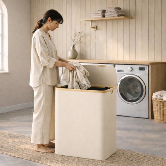 ACAZA Panier à Linge - Trieur de Linge - Panier à Linge avec Couvercle - Panier à Linge 3 Compartiments - Bamboe - 150L - Wit