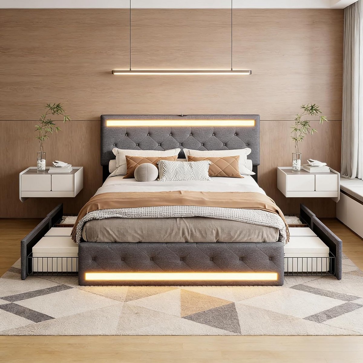 Gestoffeerd Tweepersoonsbed 140x200 cm met LED, USB en 4 Lades