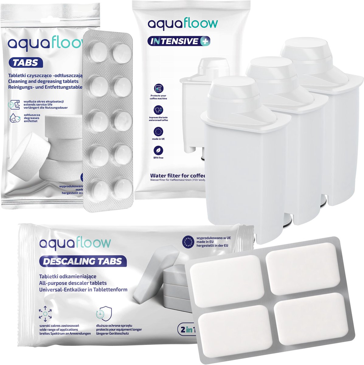 AquaFloow, set voor koffiemachines - 3x Waterfilter + Reinigingstabletten + Ontkalkingstabletten - vervanging BRITA INTENZA+, CA6702/00 - compatibel met Saeco Philips Koffiemachines