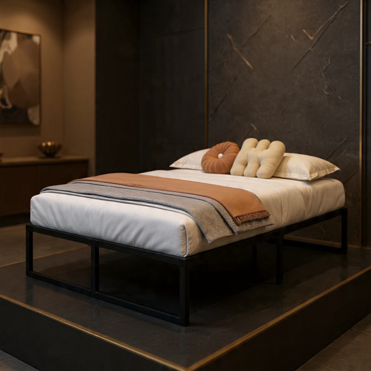 Modern Zwart Metaalbed 120x190 cm | Tweepersoonsbed met Lattenbodem | Stijlvol, Stabiel & Piepvrij Bedframe | Moderne Minimalistische Slaapkamer Meubels - House&Garden