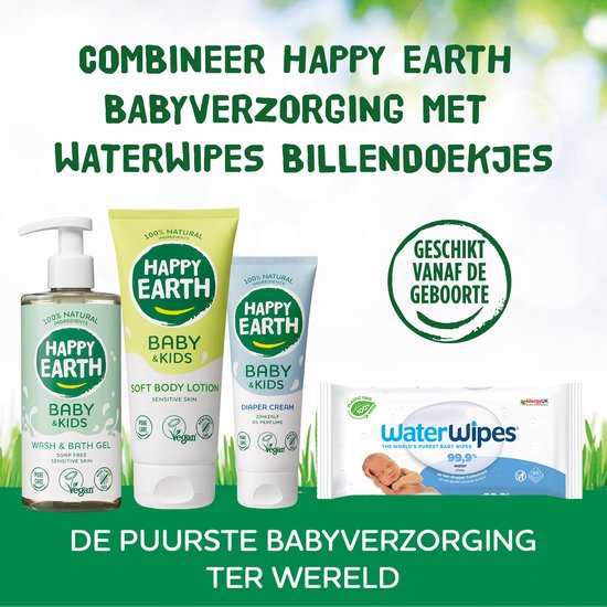 Babyverzorging van Happy Earth: wash & bath gel, soft body lotion, luiercrème en WaterWipes babydoekjes. Tekst 'COMBINEER HAPPY EARTH BABYVERZORGING MET WATERWIPES BILLENDOEKJES'.