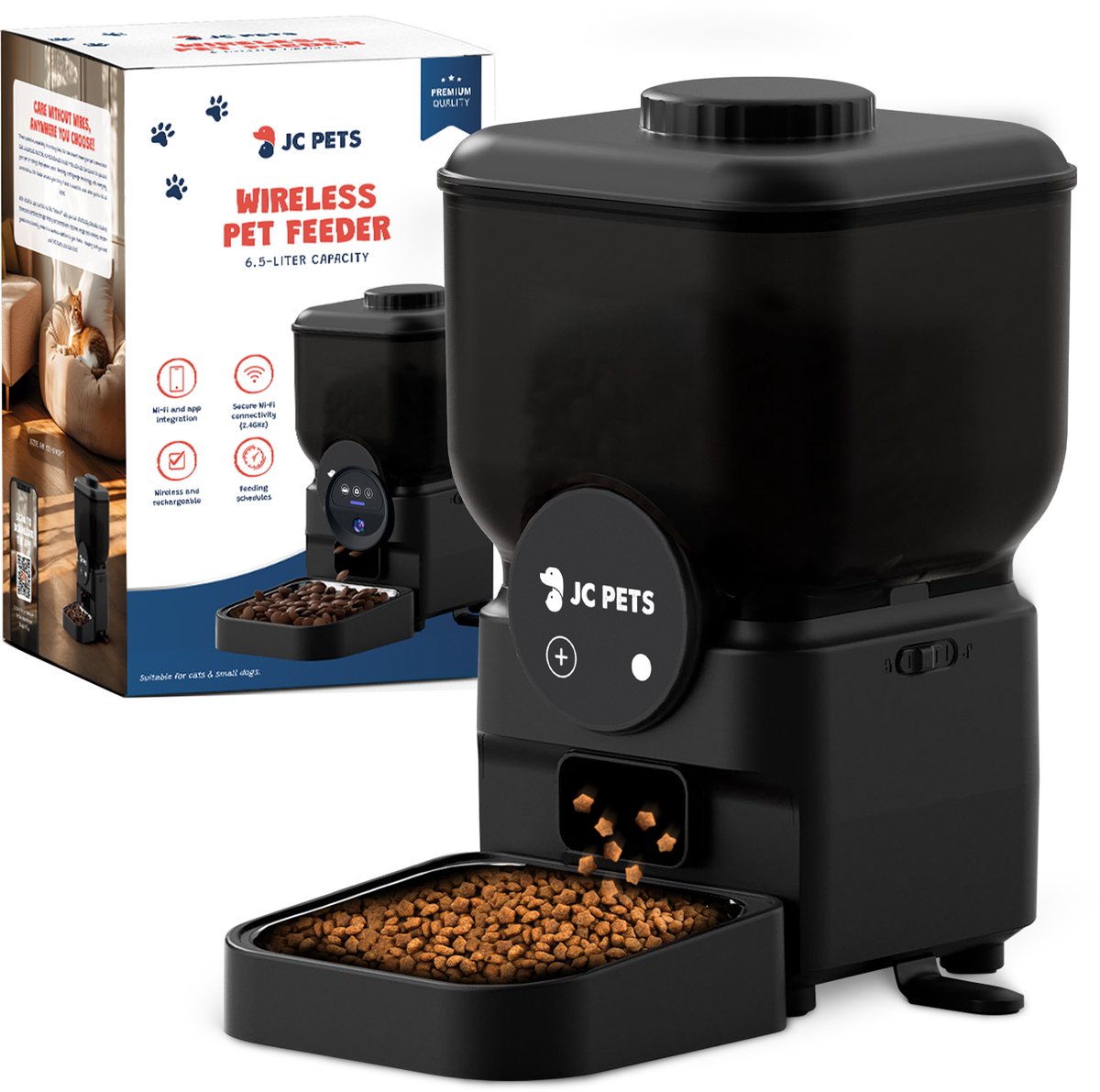 JC Pets Draadloze Automatisch Voederbak voor Kat en Hond - Voerbak dispenser 6,5L - Oplaadbare Voerautomaat voor Katten en Honden - Automatische Voerdispenser met App & Wifi – Mat Zwart