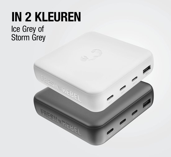 Twee oplaadstations gestapeld, verkrijgbaar in Ice Grey en Storm Grey kleuren.