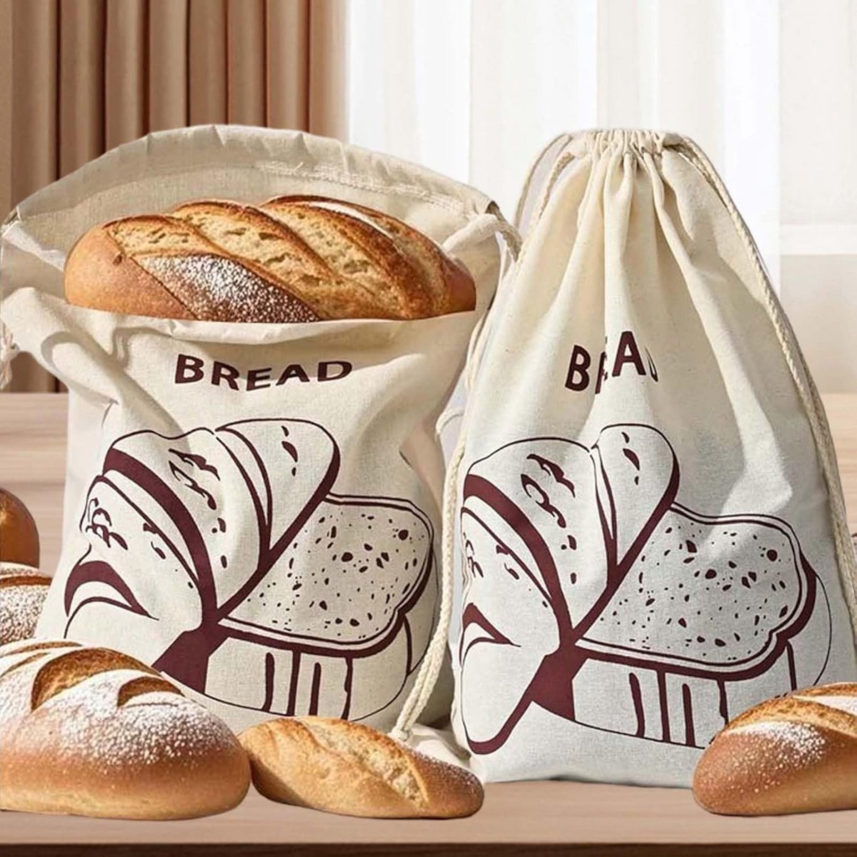Herbruikbare Katoenen Broodzakken Set van 3 voor Vers Bakbrood