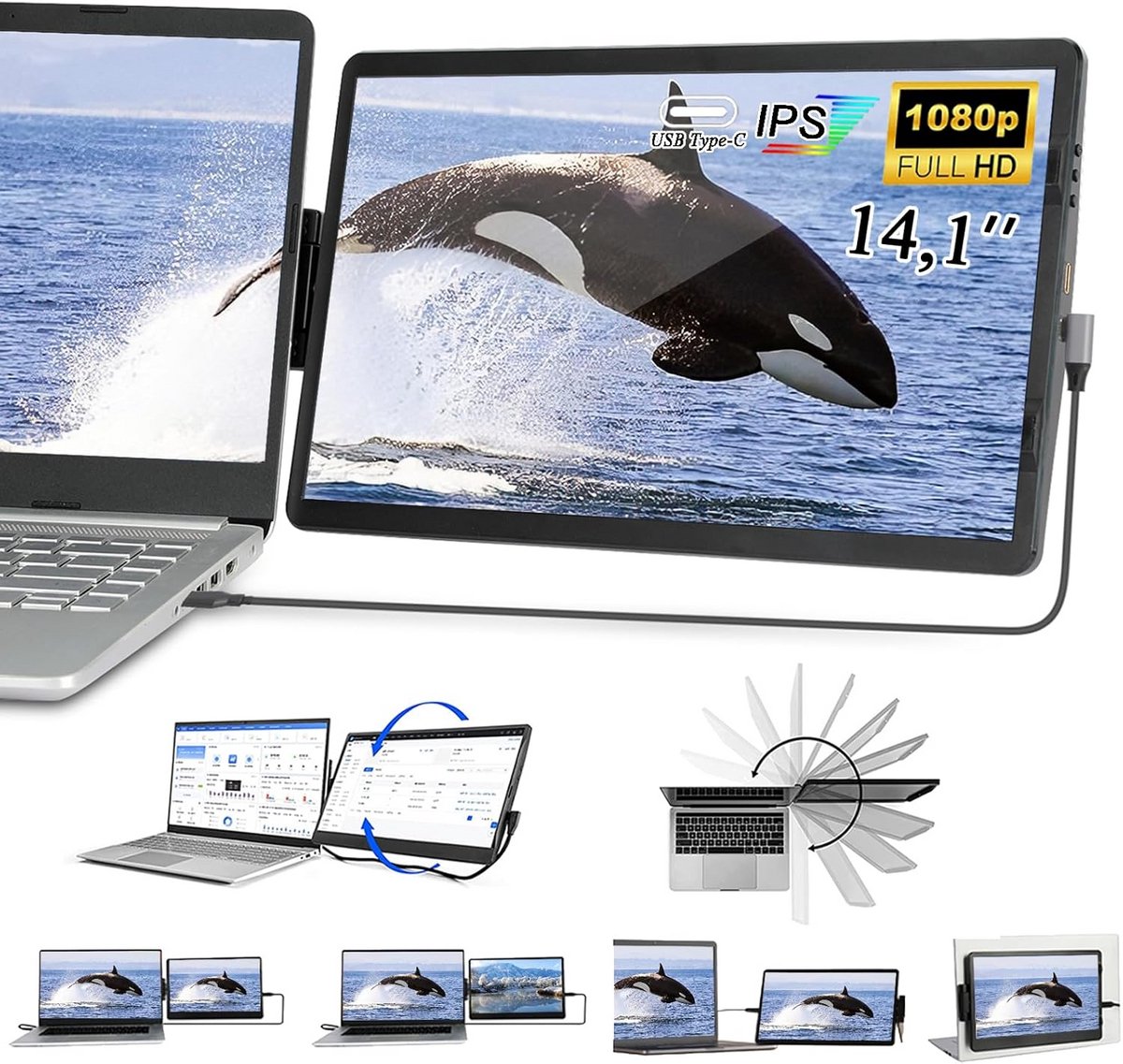 Draagbaar Full HD IPS Dual Monitor 14,1 Inch voor Laptop PC Mac