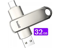 Buddi USB-C Stick 32GB | USB C en USB A | Dual Geheugenstick | USB 3.1 | Plug & Play | Universeel | Geschikt voor smartphones, tablets, PC en meer | Extra opslagruimte | Grijs