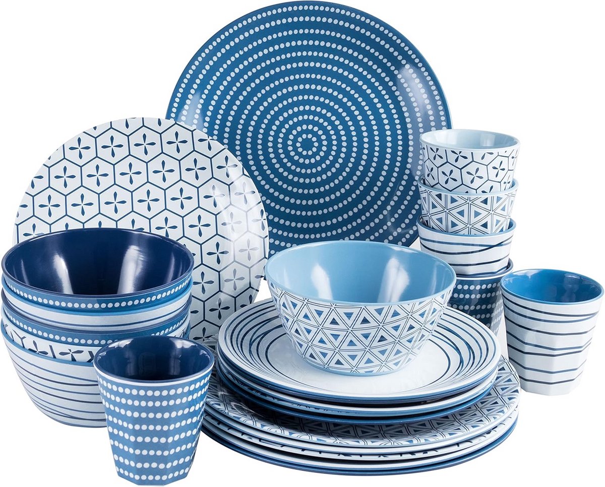 24-delige Camping Servies Set voor 6 Personen in Blauw en Wit Melamine