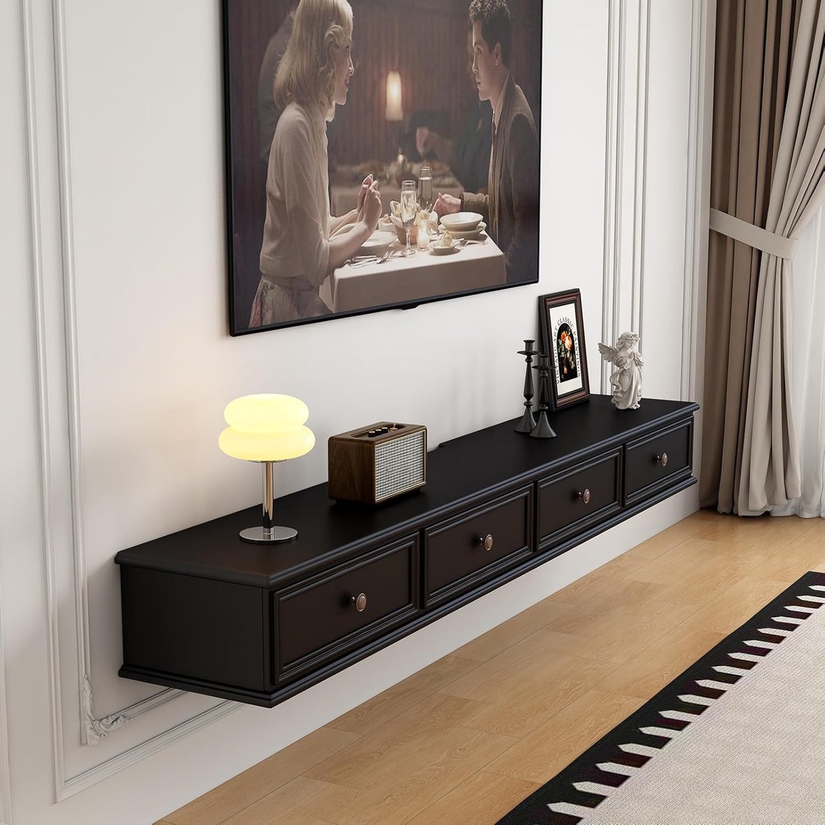 Zwevend TV Meubel 200x20x24 cm – Wandgemonteerde Media Console met 2 Klapdeuren en 2 Lades – Modern Entertainment Center met Kabelmanagement – Zwart – Abkantoor