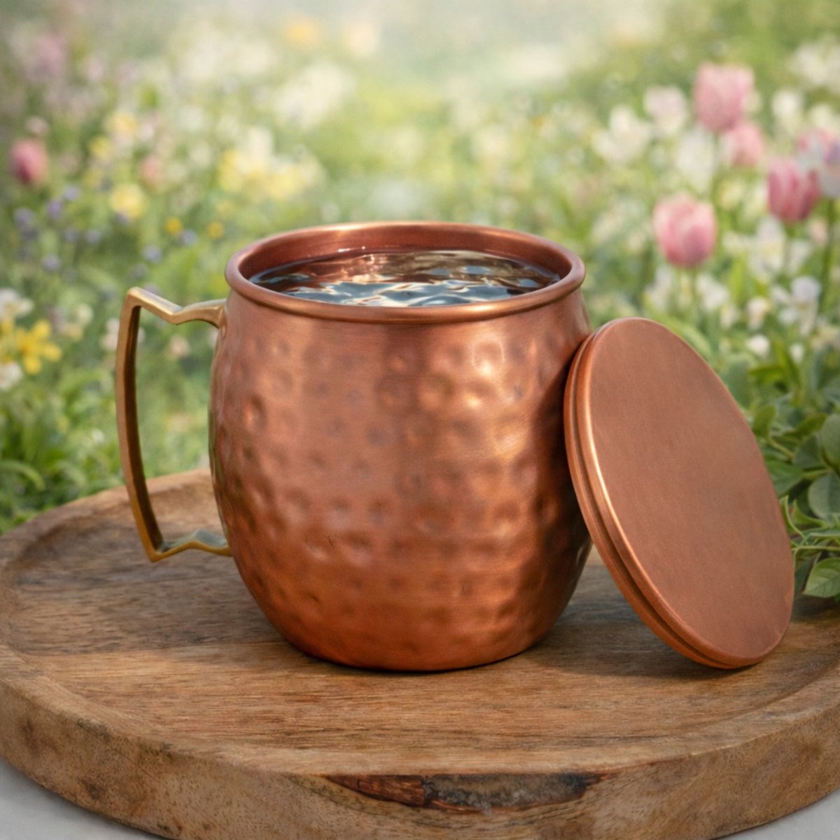 Puur koperen Moscow Mule beker gehamerd, met losse deksel ± 300 ml