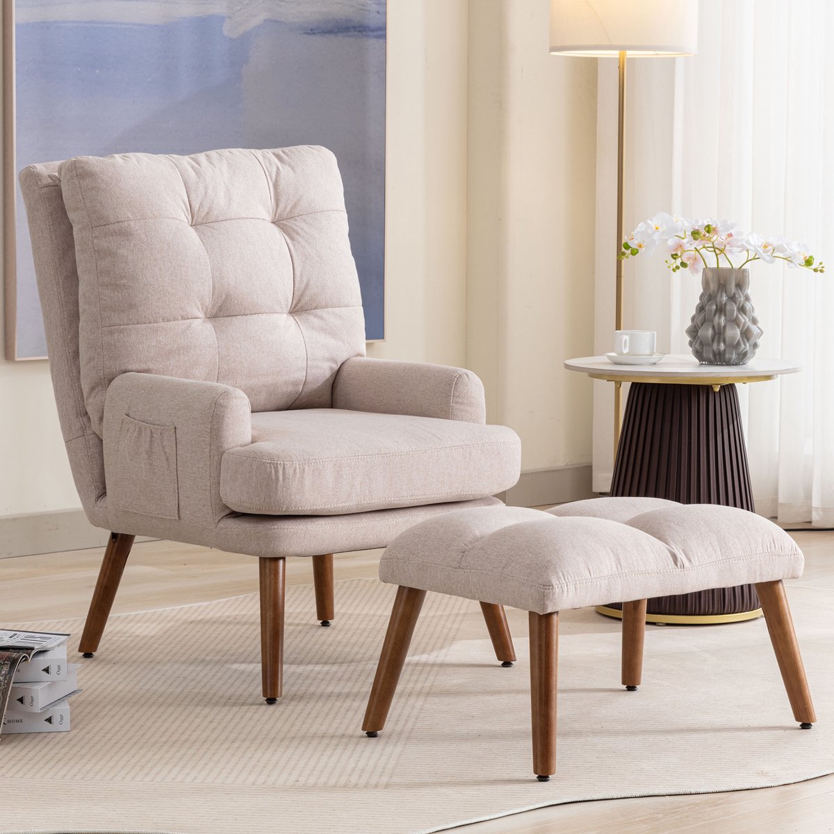 OKWISH Loungestoel 69 X 96 X 60 Cm - Verstelbare Rugleuning Met Voetenbank En Zijvakken - Voor Woonkamer Of Leeshoek - Schuim - Beige
