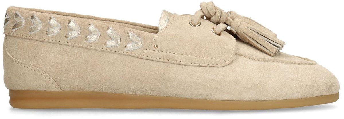Manfield - Dames - Beige suède loafers met kwastjes - Maat 42