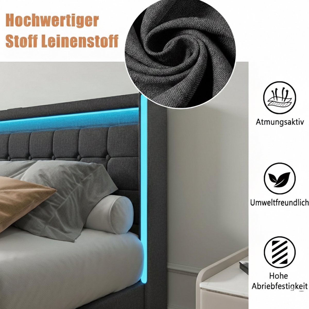 Gestoffeerd tweepersoonsbed 140x190 cm met LED-hoofdeinde, USB-C, 4 opbergladen, modern tienerbed, linnen bekleding, houten lattenbodem – Casa Velluto