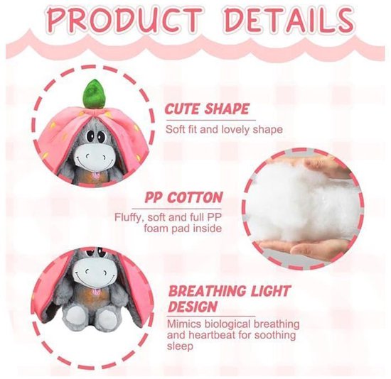 Productdetails: grijze ezel knuffel in roze aardbeienhoes, PP katoen vulling.