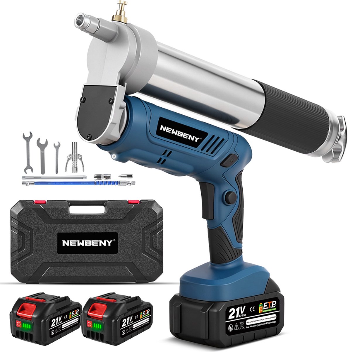 NewBeny Accu Vetpers - 2-in-1 Elektrische Vetspuit - met 2x Accu's en Draagtas - 14.000 PSL - Professionele vetspuit - Vetspuitset