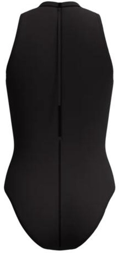 Achterkant van een zwart Speedo sportbadpak met hoge hals en rits over de gehele lengte.