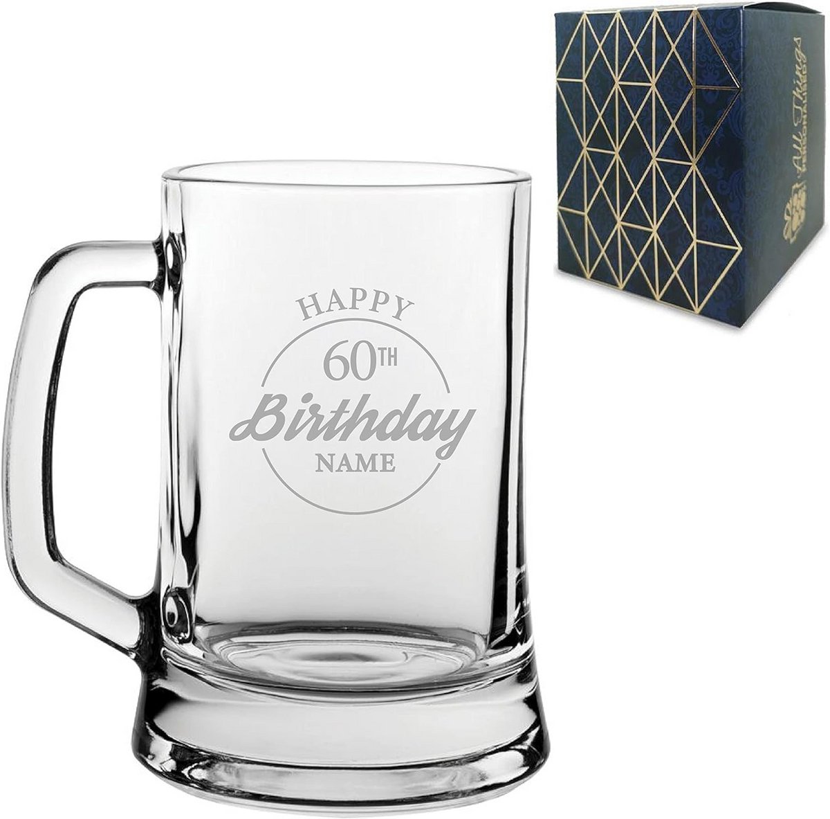 Gegraveerde Bierpul met Naam en 60e Verjaardag Tekst - Gepersonaliseerd Glas Cadeau