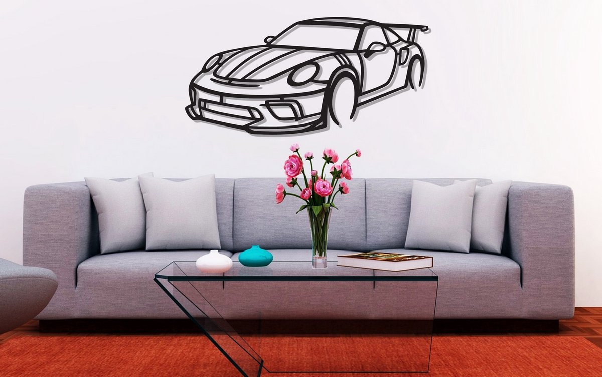 Porsche 911 GT3 RS Silhouette – Metaal Kunst - Wanddecoratie - Man Cave - Auto Decoratie - 60cm X 25cm - Muurdecoratie - Cadeau voor man