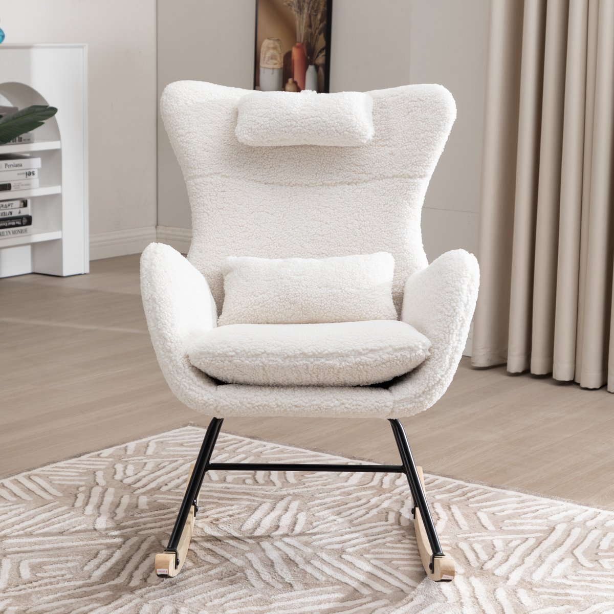 FloraGrace Schommelstoel - Relax Schommelstoel Met Ergonomisch Ontwerp - Met Lendenkussen En Stoffen Bekleding - Wit
