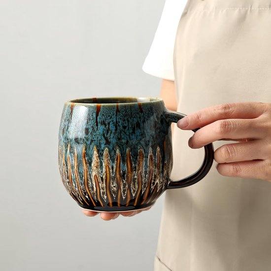 Koffiemok - 600 ml - Unieke handgemaakte keramische mok, grote theekop, geschikt voor magnetron en vaatwasser (blauw)