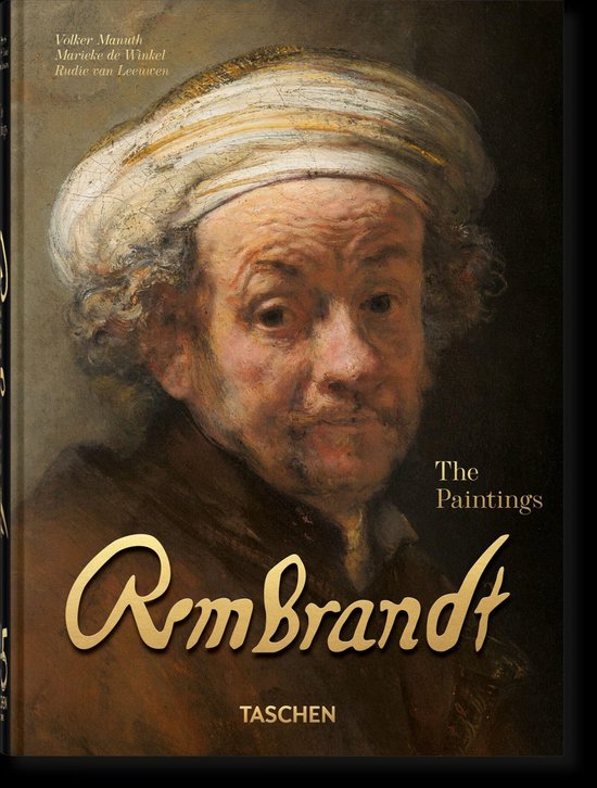 Boek 'Rembrandt The Paintings' van Taschen, met een schilderij van Rembrandt met tulband.