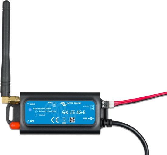 Victron GX LTE 4G-E met GPS, met GSM en USB aansluitingen. Statusindicatoren voor netwerk en online verbinding.